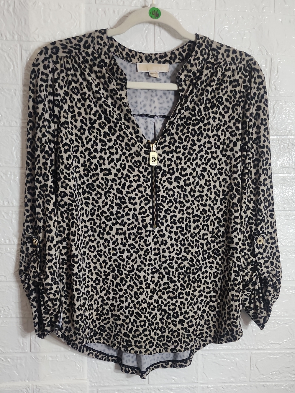 MICHAEL Michael Kors Black and Cream Leopard-Print Zip Front Blouse